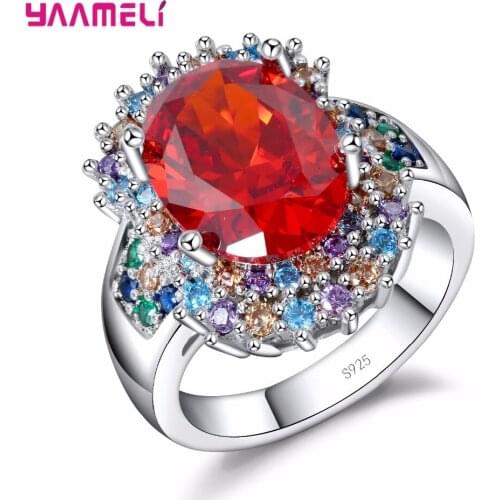 925 Sterling Silver Fashion Generous And Red Flowers Round Crystal Stone Ring Engagement Jewelry CZ For Women Gift