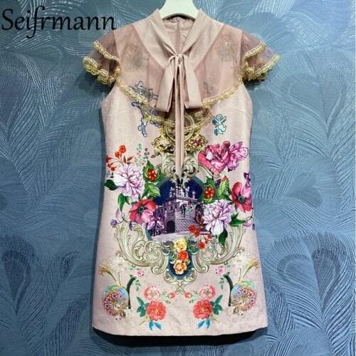Seifrmann New 2021 Summer Women Fashion Runway Mini Dress Short Sleeve Lace Ruffles Floral Print Elegant Print Dresses Vestidos