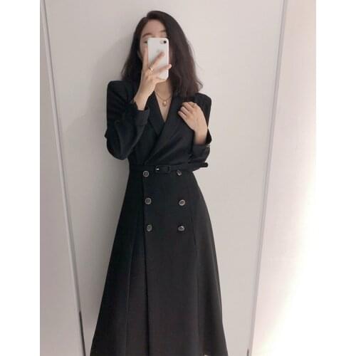 High Quality Fashion Solid Belt Dress Women Notched Long Sleeve Office Lady Blazer Dress Spring Fall Long A-Line Black Vestidos