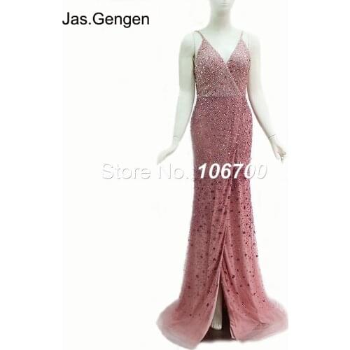 Luxury Hand Made Beading Mermaid Evening Dress V Neck Strapless Open Back Pink Long Party Bridesmaid Prom Gowns New