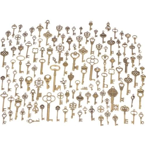 125PCs/Set Antique Vintage Old Look Bronze Ornate Skeleton Keys Lot Necklace Pendant Fancy Heart Decor DIY Necklace Craft Gifts