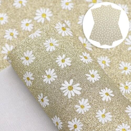 20*33cm Ink Print Daisy Faux Synthetic Leather Fabric With Fine Glitter For Bows Leather Crafts DIY Handmade Material,10Yc17456