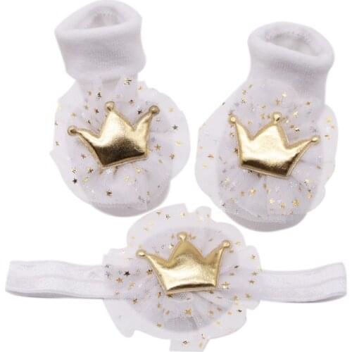 Infant Baby Velvet Stretch Hair Band Crown Flower Slip Soft Non-Slip Cotton Children Socks+Headwear 2PCS Gift For Newborn Kids