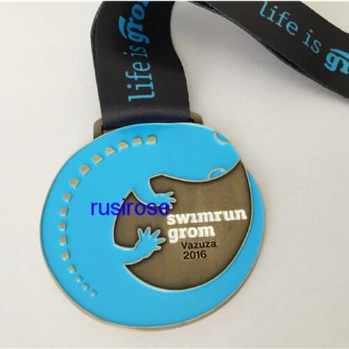 Paint plating bronze medal with custom printed text Ribbon,American medal, with a black ribbon,Soft enamel map medal