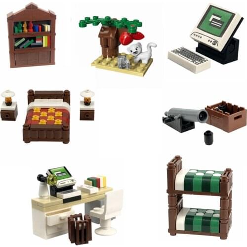 City Creators Series Educational Toys for Children Desk Computer Bookcase Fruit Tree Puppy Kids Toys of City Building Blocks