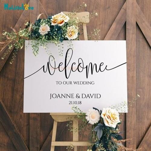 Welcome to our Wedding Sign Vinyl Decal Wooden Mirror Personalise Bride Groom Names Wall Sticker Rustic Wedding Decoration BA326