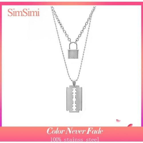 Stainless Steel Double Layer PadLock Necklace Lock Blade Cross Star Guitar Map Pendant Chain E-girl Necklaces Aesthetic Accessor