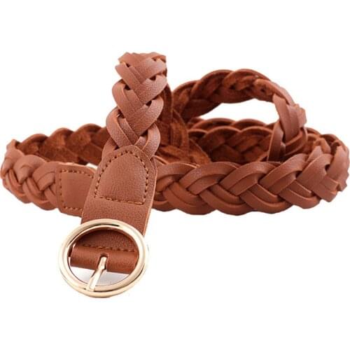 PU Leather Braided Belt Women Dress Thin Belt Golden Pin Round Buckle Waist Belt Female Casual Waistband
