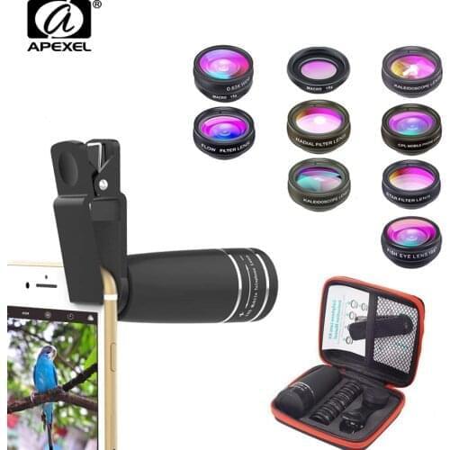 APEXEL 10 in 1 phone Camera Lens Kit Fish Eye Wide Macro 10x telescope Star Filter CPL Lenses for iPhonec XS Samsung all phones