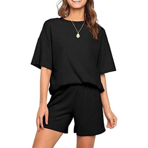 Summer New Womens Casual Fashion Suit Cotton Rib Solid Short Sleeve Two Piece Suit Home Loose Breathable Tracksuit