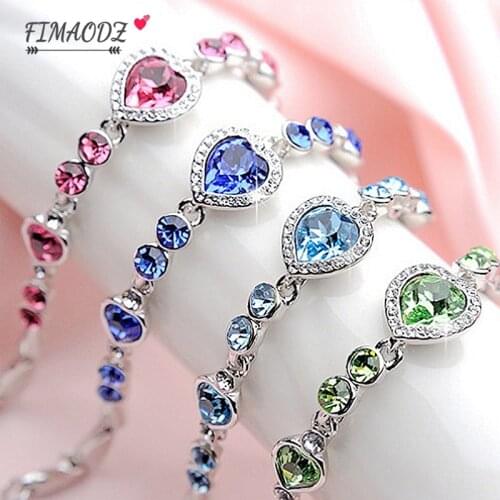 Fashion Ocean Blue Heart Bracelets For Women Romantic Exquisite Color Crystal Chain Bangle Rhinestone Bracelet For Wedding Gift