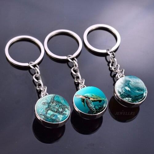 Sea Turtle Dolphin Seashells Keychain Ocean Souvenir Double Side Glass Ball Cabochon Jewelry Keyring Crystal Ball Pendant Gifts