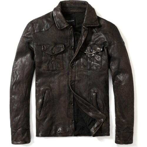 Mens pleated first layer sheepskin leather jacket issued on behalf of uncoated slim leather jacket