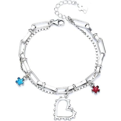 BOCAI New Real S925 Silver Twisted Piece Double Stitching Love Hollow Pendant Star Blue Zircon 2021 Trendy Woman Bracelet