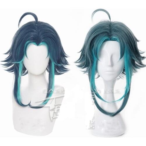 Genshin Impact Xiao Wig Shoes Cosplay Dark Green Synthetic Short Straight Heat Resistant Hair Adult Women Free Wig Cap
