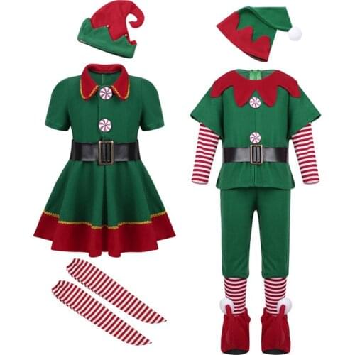 Christmas Santa Claus Costume Green Elf Cosplay Family Carnival Party New Year Fancy Dress Clothes Set For Men Women Girls Boys