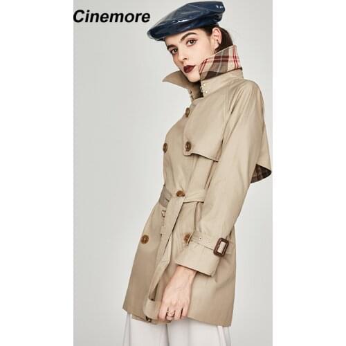 Cinemore 2020 Short Trench Coat High Fashion Womens Waterproof Cotton Belt Loose Pocket Button Double breasted Outerwear 7003