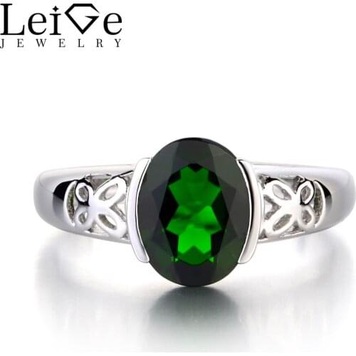 Leige Jewelry 925 Sterling Silver Ring Natural Diopside Green Solitaire Fine Gemstone Oval Cut Engagement Promise Rings for Her