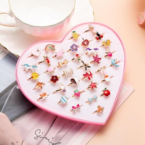 YEYULIN 36pcs Cute Kids Rings Girls with Mixed Korean Style Alloy Child Cartoon Rings Childrens Day Jewelry With Box