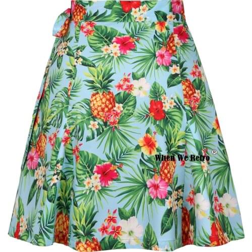 Pineapples Palm Leaves and Flowers Printed Summer Floral Skirt SS0015 Plus Size Women Sexy Travel Beach Blue Wrap Skirt Jupe