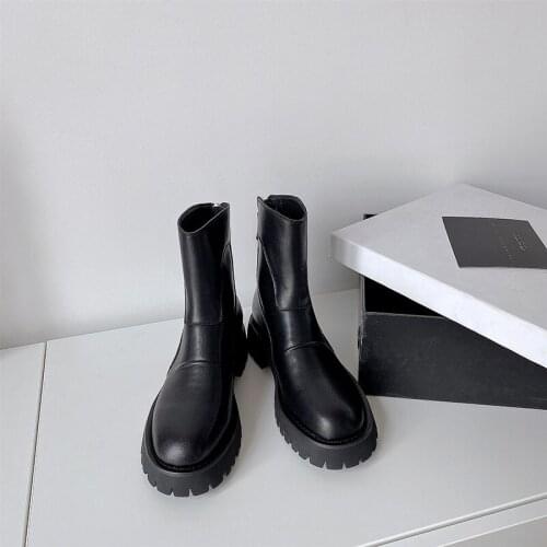 Kanseet Woman Shoes Genuine Leather Round Toe Mid Heel Boots 2020 Brand Designer Platform Fashion Chunky Heel Women Boots