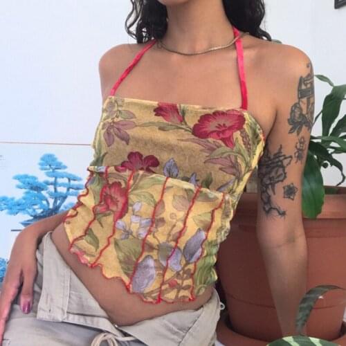 Y2K Womens Summer Sexy Halter Tie-up Vest Fashion Flower Printing Exposed Navel Suspender Tops for Daily Wear Club Sports