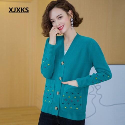 XJXKS Single-breasted wool knitted cardigan women jacket 2020 autumn winter new fashion V-neck women cardigan sweater