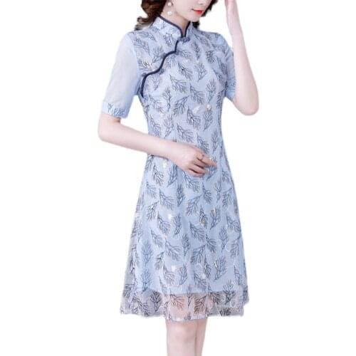 2021 New Summer Women Elegant Slim Dress High Quality Embroidery Blue Mesh Vintage Improved Cheongsam Dress