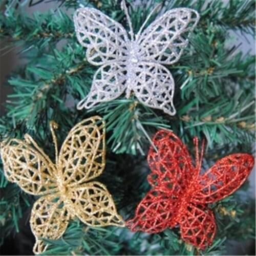 1 pcs Home Party Ornaments Hollow Butterfly Decor Glitter Hollow Artificial Flowers For Tree Christmas Wedding Party Supplies