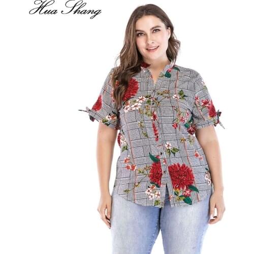 5XL 6XL 7XL Plus Size Plaid Shirt Women 2020 Summer V Neck Short Sleeve Floral Print Casual Womens Tops And Blouse Chemise Femme