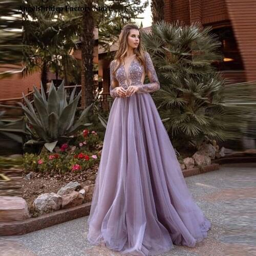 Angelsbridep 2021 Dusty Lavender Tulle Long Sleeves Prom Dresses Lace Applique Delicate Floor Length Elegant Evening Gowns
