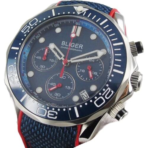 BLIGER New Arrival Blue Quartz Men Wristwatch Sport Style 41mm Sapphire Glass Chronograph Date Function Ceramic Bezel