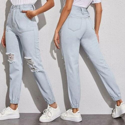 Streetwear Denim Harem Pants High Waist Hole Ripped Jeans Women Washed Boyfriend Jeans Pants Femme Trousers Cowboy Denim Pants