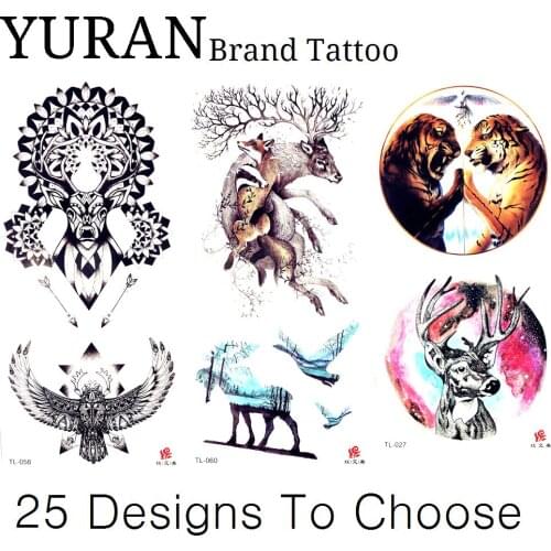 Black Henna Deer Drawing 25 Pattern Tattoo Stickers Eagle Elk Tiger Temporary Tattoo Boys Kids Legs Hands Ear Feet Fake Tatoos