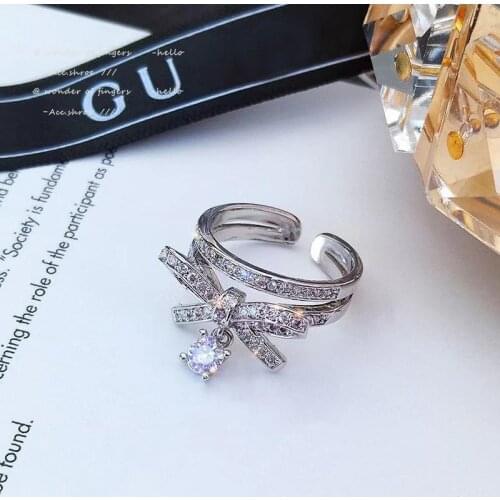 European and American Exaggerated Bowknot Zircon Silvery Rings For Woman Korean Fashion Jewelry Girls Finger Sexy Accessories