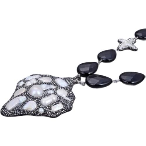 GG Jewelry Natural Gemetric Black Onyx White Keshi Pearl Necklace CZ Pave Pearl Pendant Necklace For Women