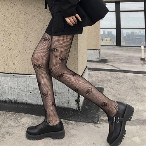 Tights Women Fishnet Heart Printed Lace Sexy Female Pantyhose Hollow Out Stockings for Girls Black Hosiery