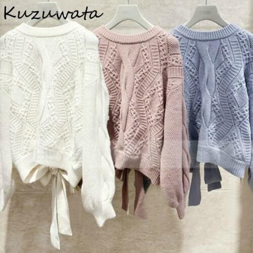 O-neck Sweet Fresh Knitted Pullovers Chic Back Drawstring Twist Patchwork Sweaters Autumn Winter Solid Color Tops