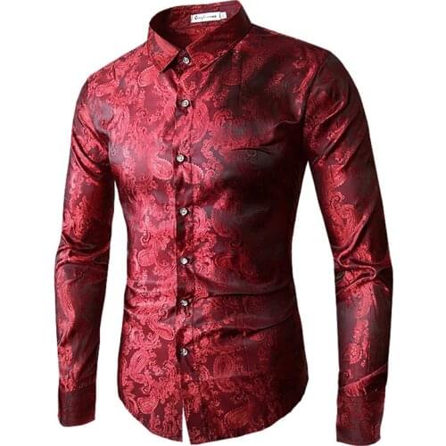 2018 High quality Red Gold Purple Blue mens embroidery dress shirt Fashion Slim Wedding Party Bussiness Male Long Sleeve Shirts