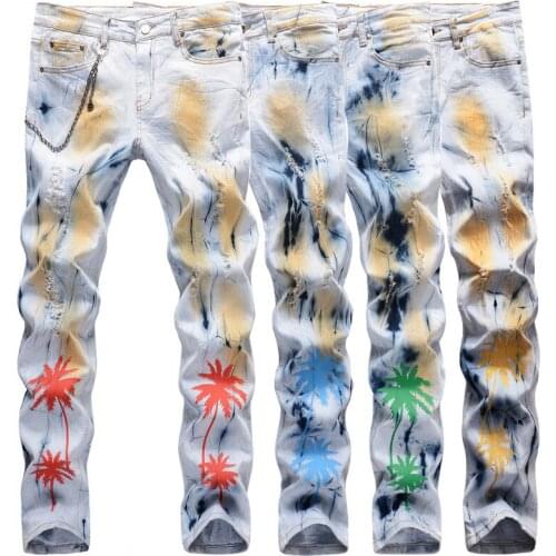 Hip hop jeans men Slim skinny jeans fashion high quality cotton Tie dye printing trousers male ripped jeans