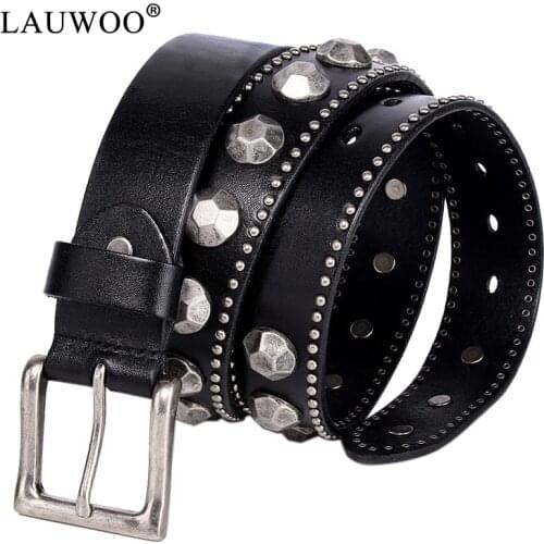 LAUWOO Heavy Metal Plate Cowboy Belt Genuine Leather Jeans Belts For Men Vintage Punk Men Belt Ceinture Homme Male Strap