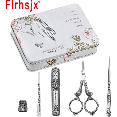 FLRHSJX 5pcs Embroidery Tool Set Sewing Scissors Alloy Awl Threader Thimble Needle Case European Antique Vintage Sewing Kits