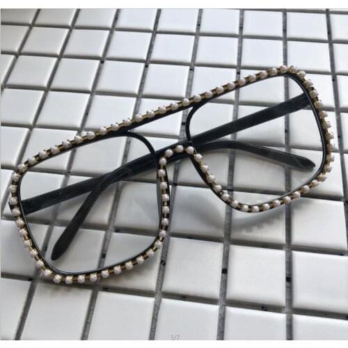 Oversized Square Women Men Clear Lens Eyewear UV400 Rainbow Beads Diamond Handmade Shades Protect Eyeglass Outside Sunglasses