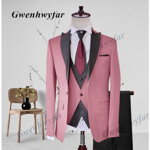Gwenhwyfar 2021 Autumn New 3 Pieces Suit For Men Custom Designed Black Peak lapel Pink Blazer Mix Colors Vest Black Pants Tie