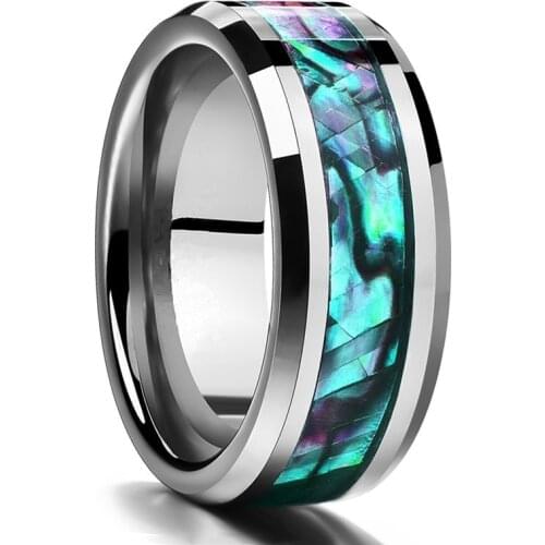 8mm Beveled Inlay Abalone Shell 316 Stainless Steel Wedding Ring Color Natural Resin Rings for Women Men Engagement Jewelry