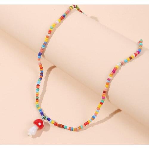 Colorful Beads Chain Mushroom Pendant Necklace Sweet Fresh Vegetables Mushroom Choker Jewelry Rainbow Colored for Women Girls