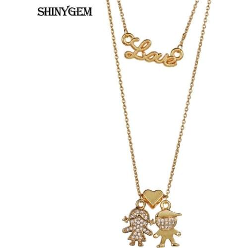 ShinyGem Design Letter Gold Plating Double Layer Necklace Love Zircon Boy Girl Heart Shape Pendant Long Chain Necklace For Women