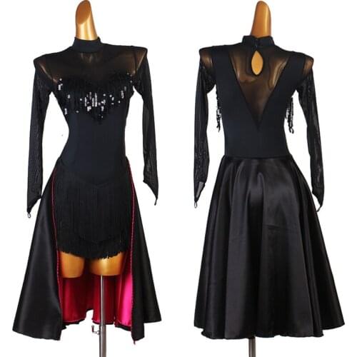 Latin Dance Dress Women/Girls Salsa Dance Clothes Black Dress Sequin Fringe Dance Skirt Designable Performance Dance Wear 1490