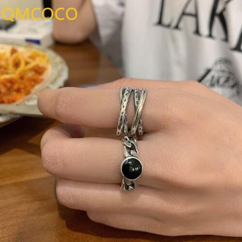 QMCOCO 925 Sterling Silver Adjustable Rings For Women New Fashion Vintage Black Stone Multilayer Geometric Party Jewelry Gifts