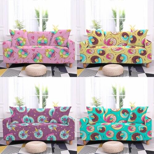 Cartoon Elastic Slipcover For Living Room Donut Pattern L Shape Sectional Corner Sofa 1/2/3/4 Seaters All-Inclusive Sofa Cover